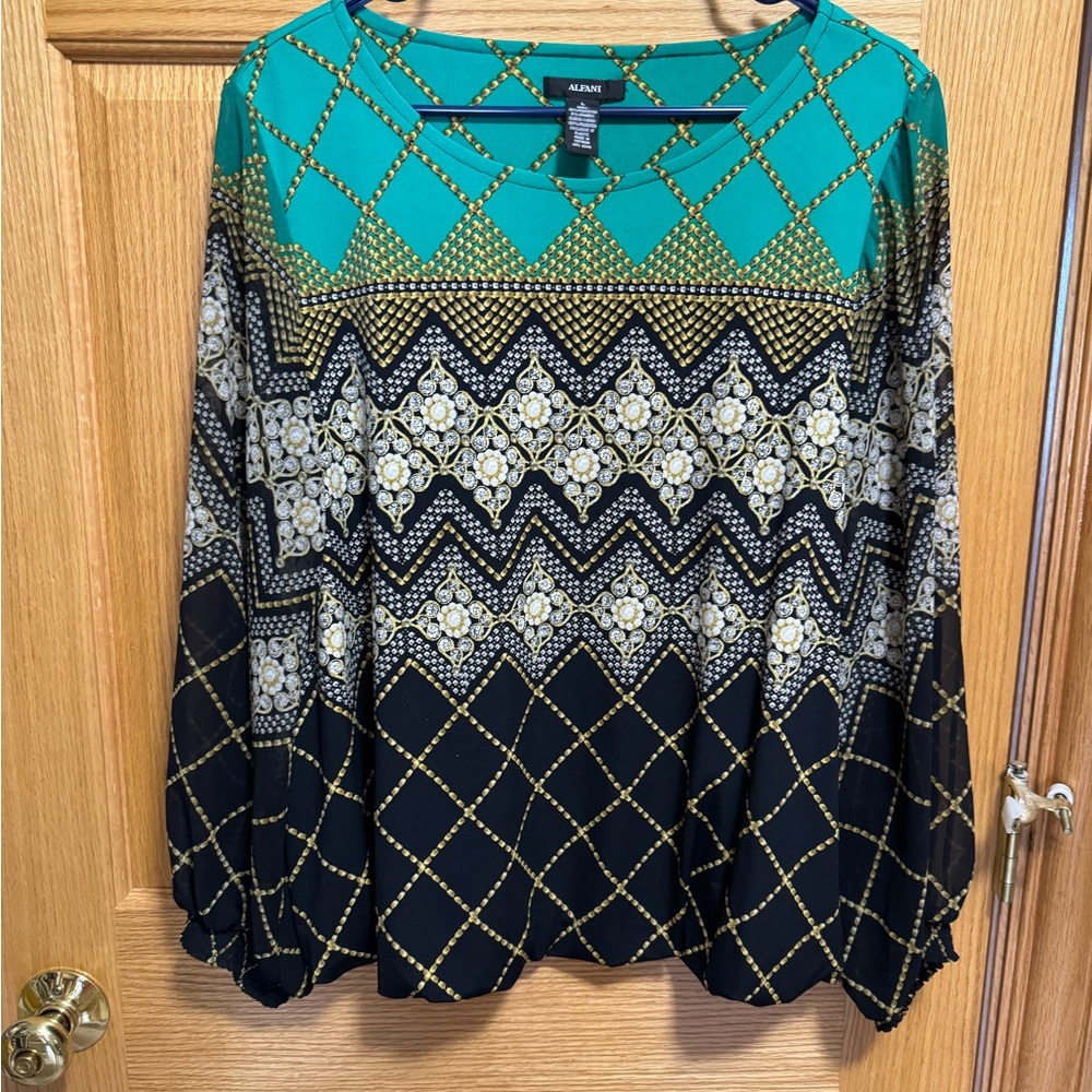 Alfani Women's Diamond Pattern Blouse - Teal and Black